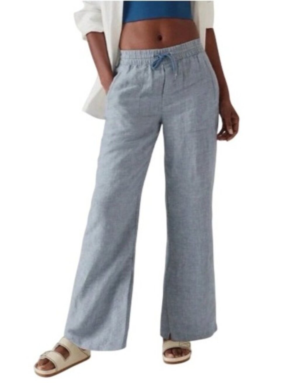 Athleta Retreat Wide Leg Pants Womens Sz 8 Blue 100% Linen Elastic Waist Resort